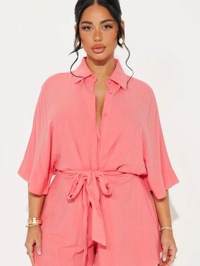 Fashion Nova Coral Button-Front Tie-Waist Jumpsuit